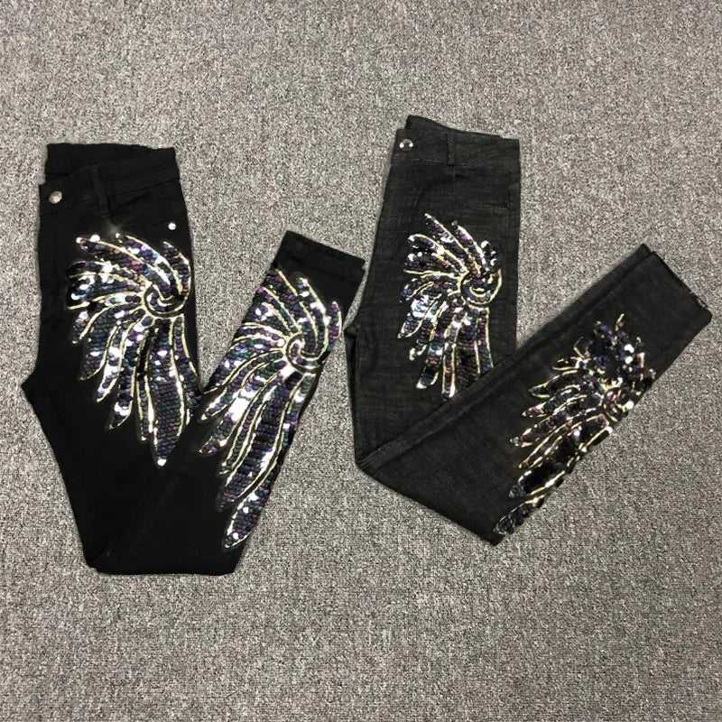 White Sequin Phoenix flower Denim Pants For women's 2024 New Korean Slim Elastic Pencil Skinny Jeans Female Ankle length Pants