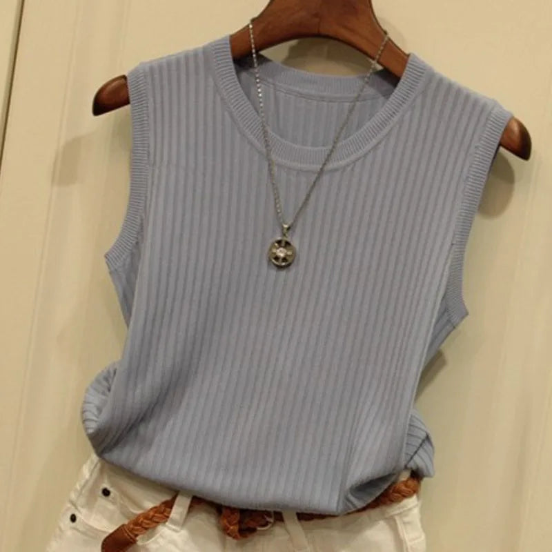 O-neck Sleeveless Casual Thin Tops