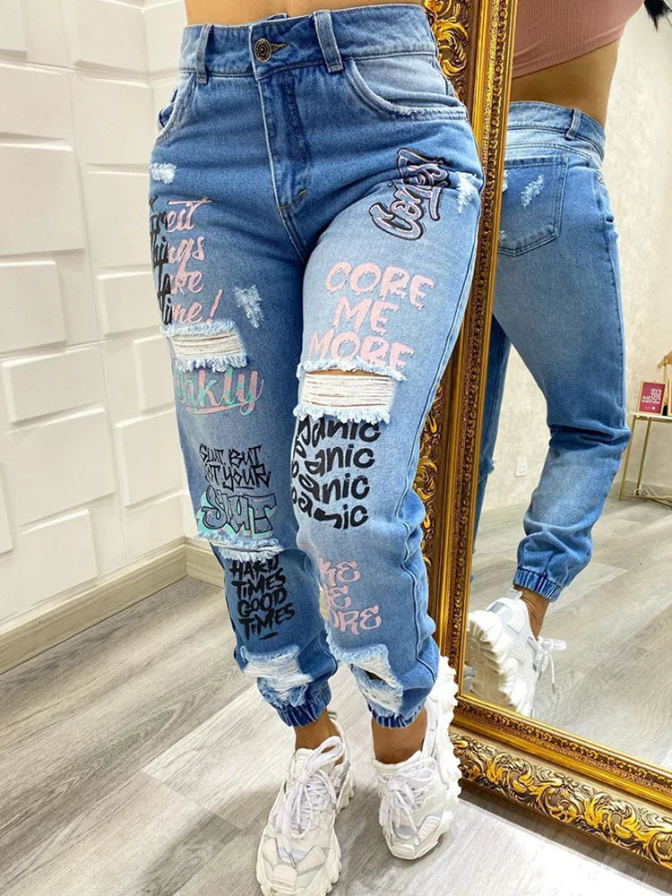 2024 New Letter Print Slant Pocket Ripped Jeans Casual Jeans Women