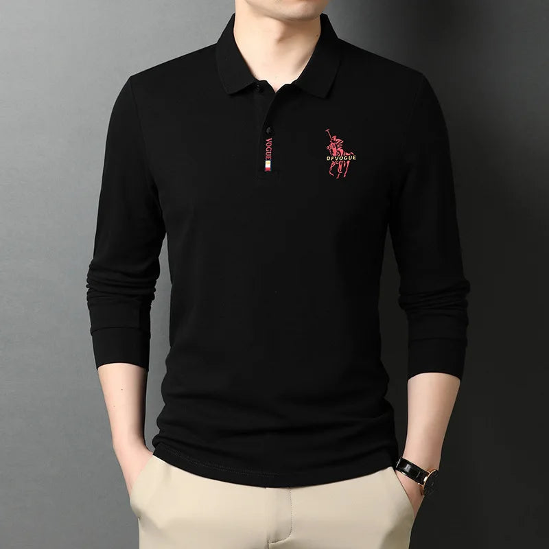 Mens Casual Business Lapel Shirt High Quality Embroidered Long Sleeve T-shirt  Men Clothing