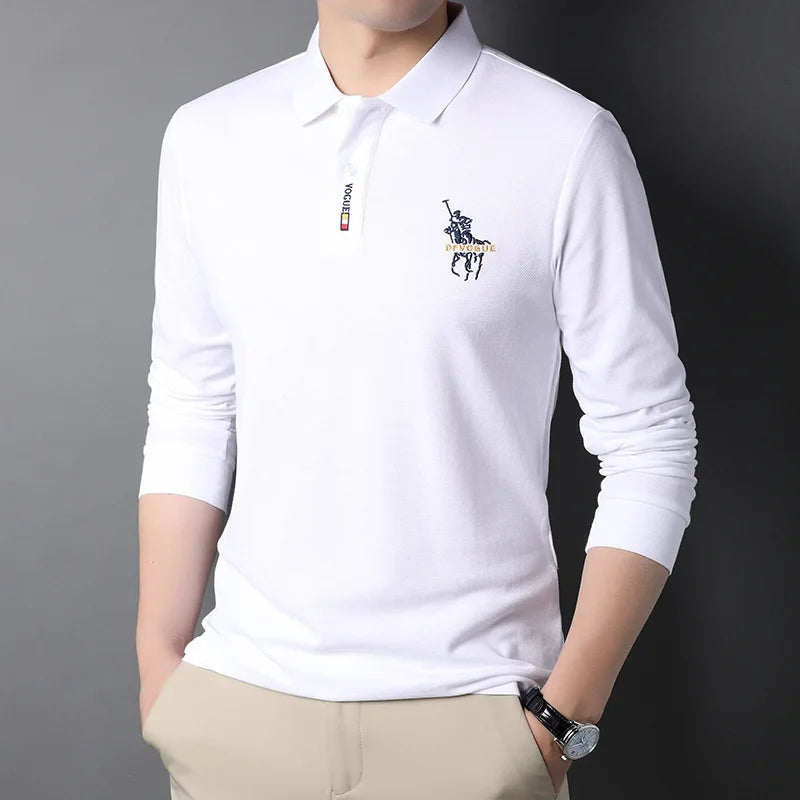 Mens Casual Business Lapel Shirt High Quality Embroidered Long Sleeve T-shirt  Men Clothing