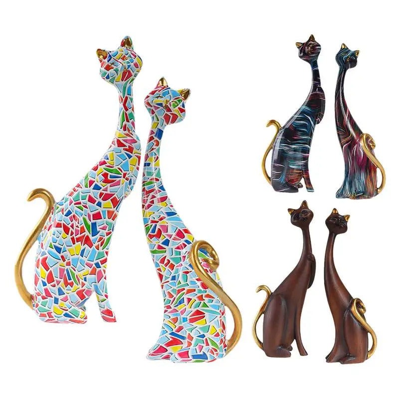 Abstract Couples Cat Statue Figurines Oil Painting Resin Lovers Cat Sculpture for Desktop Ornaments Office Home Decor Gift