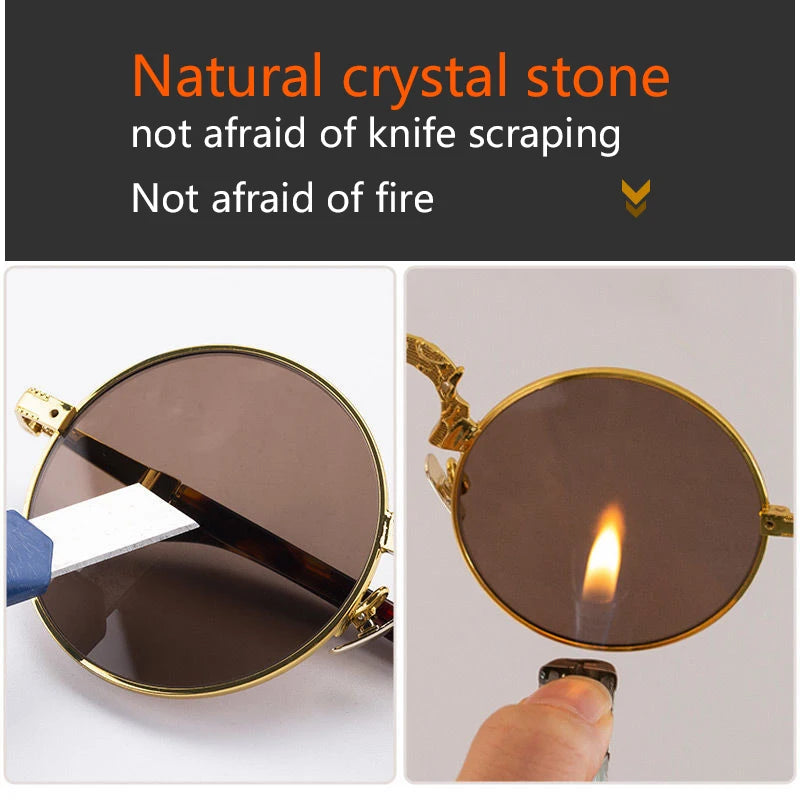 Vintage Round Sunglasses Crystal Glass Lens Man Natural Mineral Stone Steampunk Sun Glasses Woman Brown Copper Anti Scratch