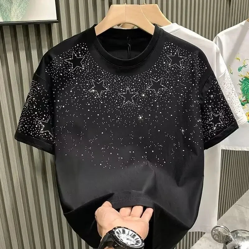 Summer Rhinestone Rivet T-shirt for Men Clothing Round Neck Casual T-shirt Fashion High Street 2024 Men's Summer Short Sleeves