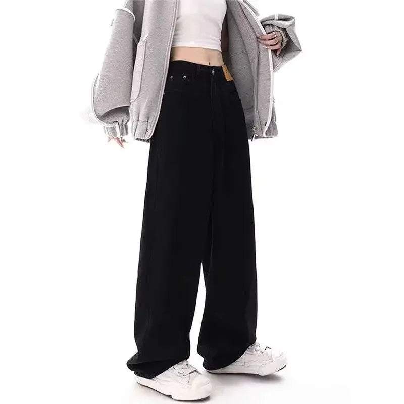 Vintage High-end Feel Black Straight-leg Jeans Women's Spring Autumn Hip Covering Wide-leg Dragging Trousers American Style