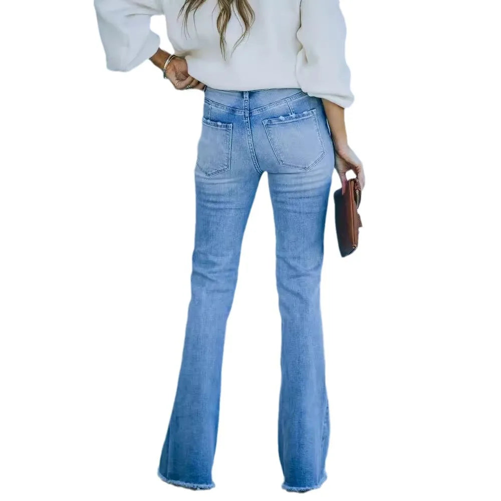 The New Tassel Stretch Mid-waist Micro Flared European and American Jeans Are Super Hot for Women