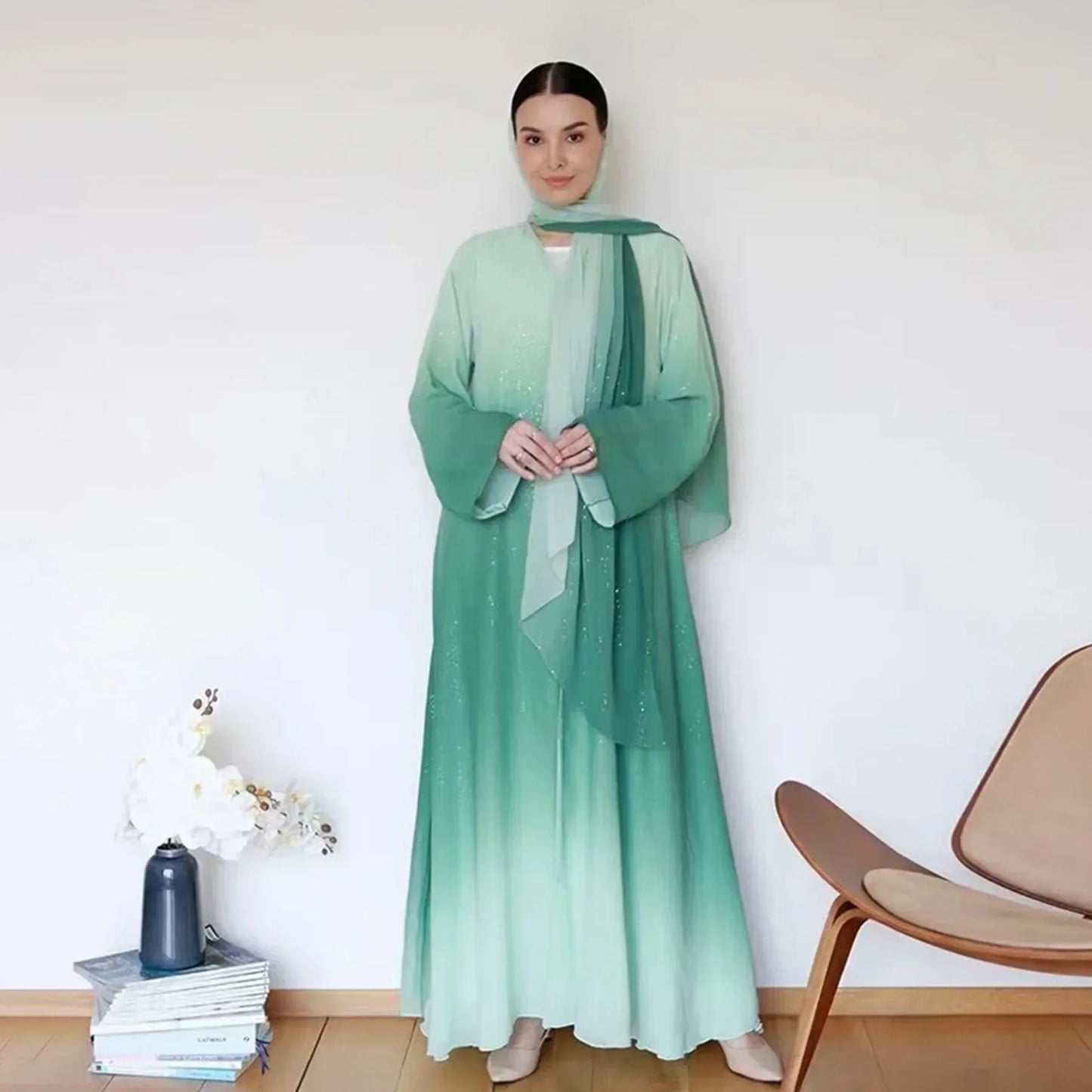 Ombre Gradient Glitter Chiffon Open Abaya Dress with Matching Hijab Islamic Clothing for Muslim Women Abayas Dubai Luxury Kimono