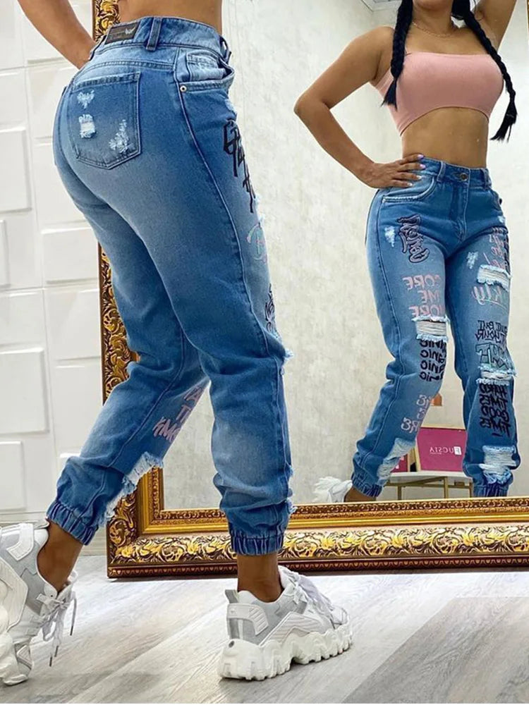 2024 New Letter Print Slant Pocket Ripped Jeans Casual Jeans Women