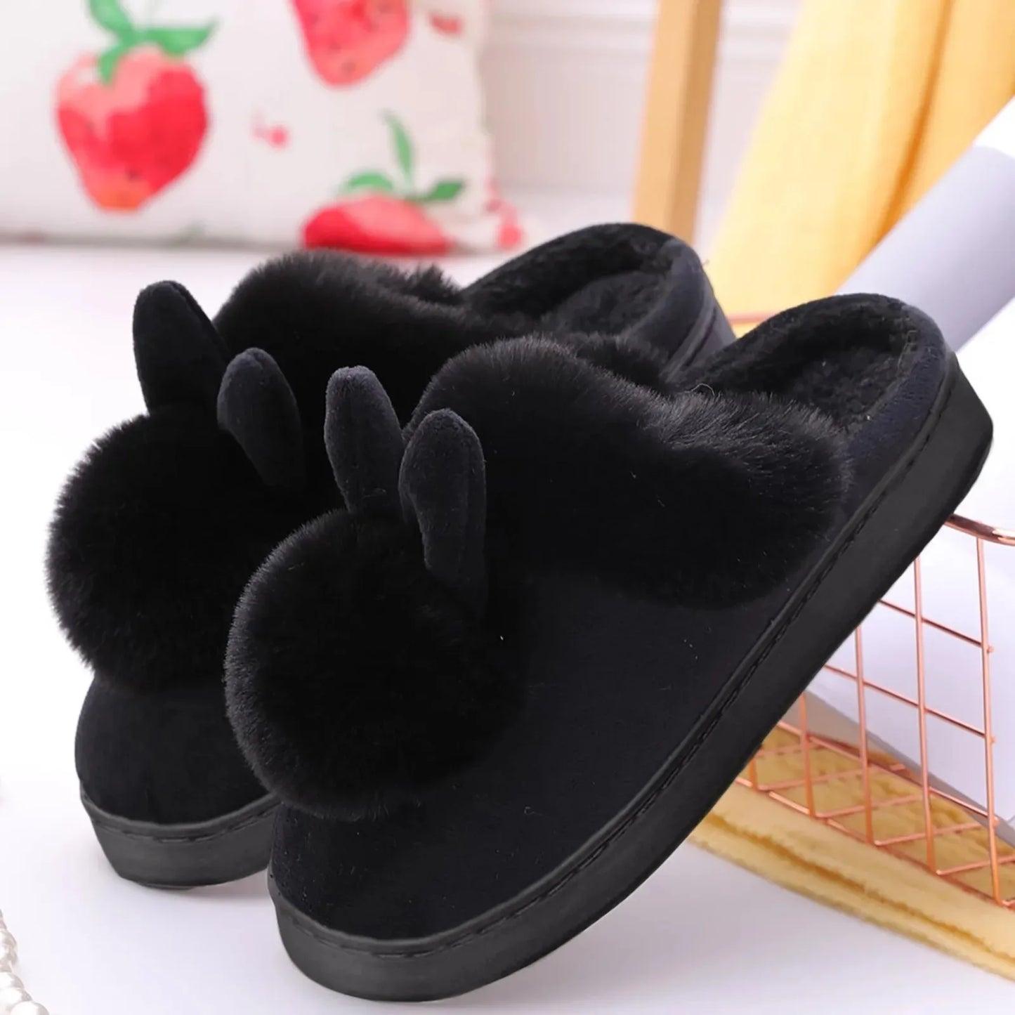 Winter Warm Home Fur Slippers Womens Indoor Home Rabbit Shoe Furry Ears Footwear Indoor Bedroom Flat Heels Fluffy Slippers Shoes