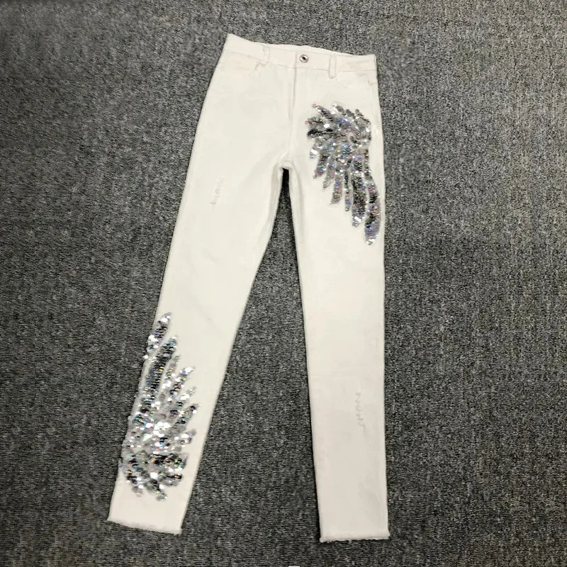 White Sequin Phoenix flower Denim Pants For women's 2024 New Korean Slim Elastic Pencil Skinny Jeans Female Ankle length Pants