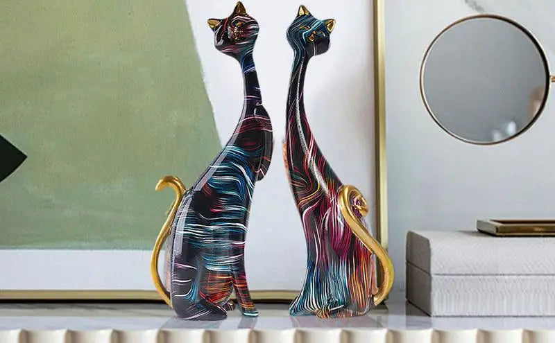 Abstract Couples Cat Statue Figurines Oil Painting Resin Lovers Cat Sculpture for Desktop Ornaments Office Home Decor Gift