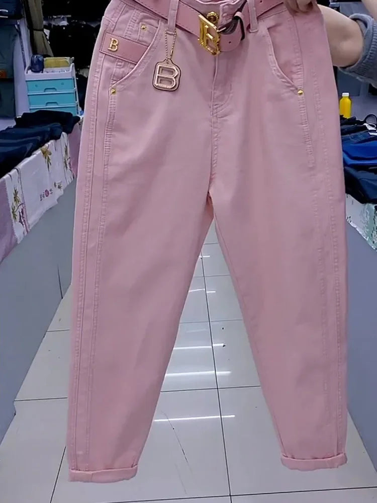 High-quality Pink High Waist Jeans for Women's 2024 New Spring and Autumn New Loose Pants