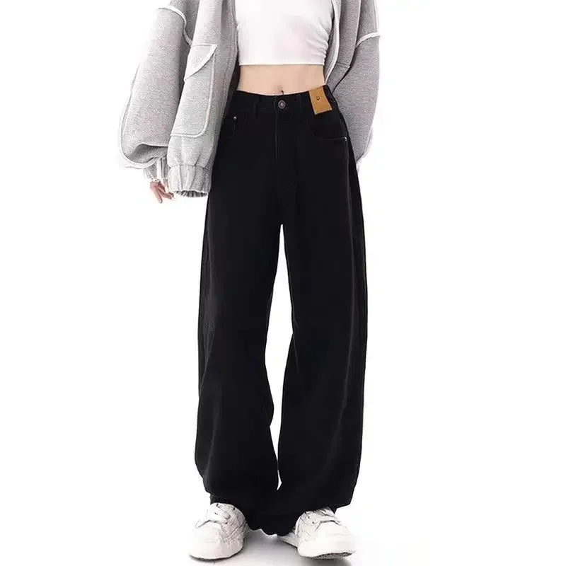 Vintage High-end Feel Black Straight-leg Jeans Women's Spring Autumn Hip Covering Wide-leg Dragging Trousers American Style