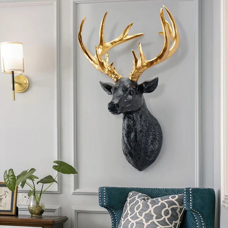 Resin Deer Head Decor Mounted Reindeer Deer Antlers Large Sculpture Christmas Creative Elk Antlers Office Decoration Wall Mount