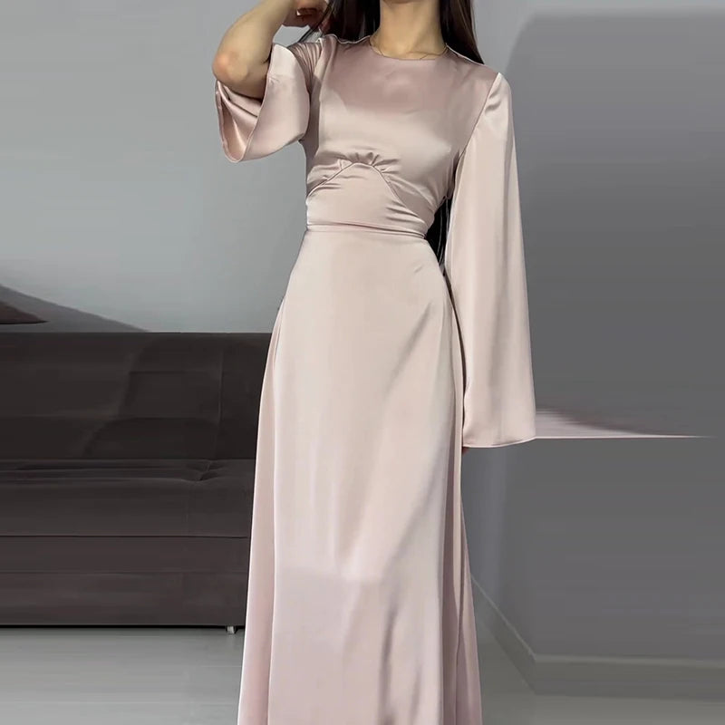 Elegant O Neck High Waist Satin Dress Ladies Fashion Temperament Long Sleeve Slim Party Dress Fall Solid Color Casual Robe Dress