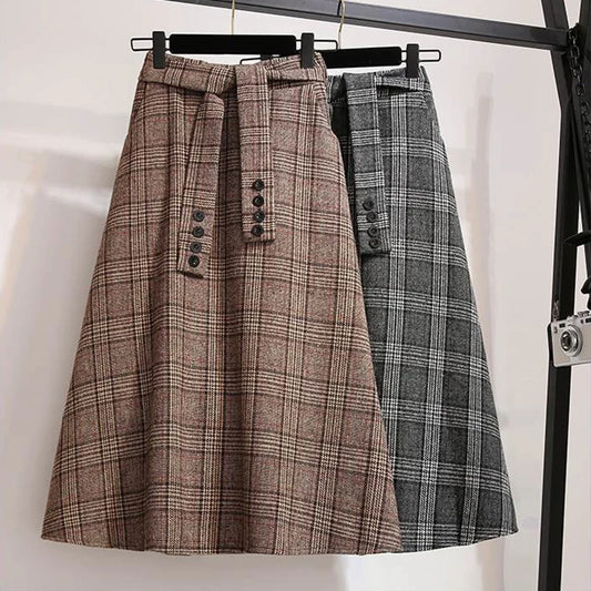 Woolen Plaid Skirt for Women Vintage High Waist