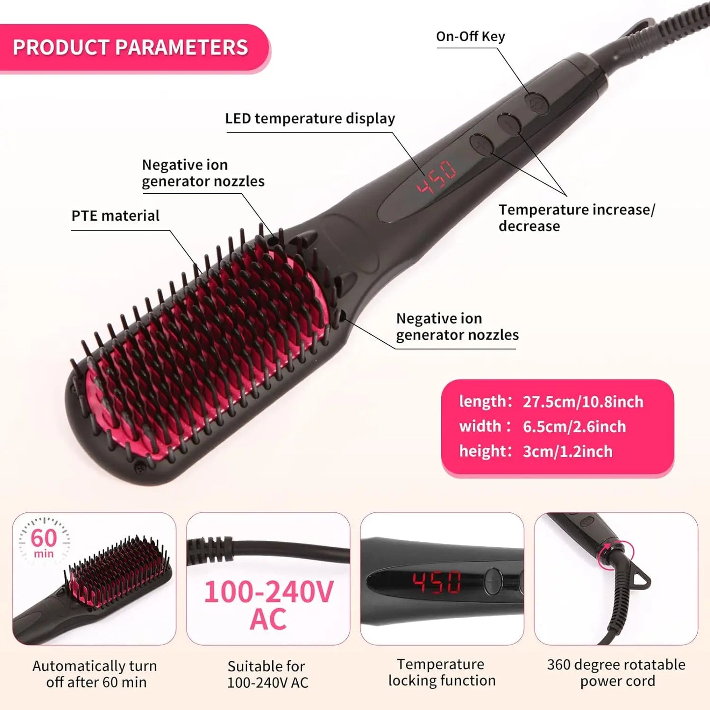 Negative ion Hair Straightener Brush Comb for Natural Thick Hair