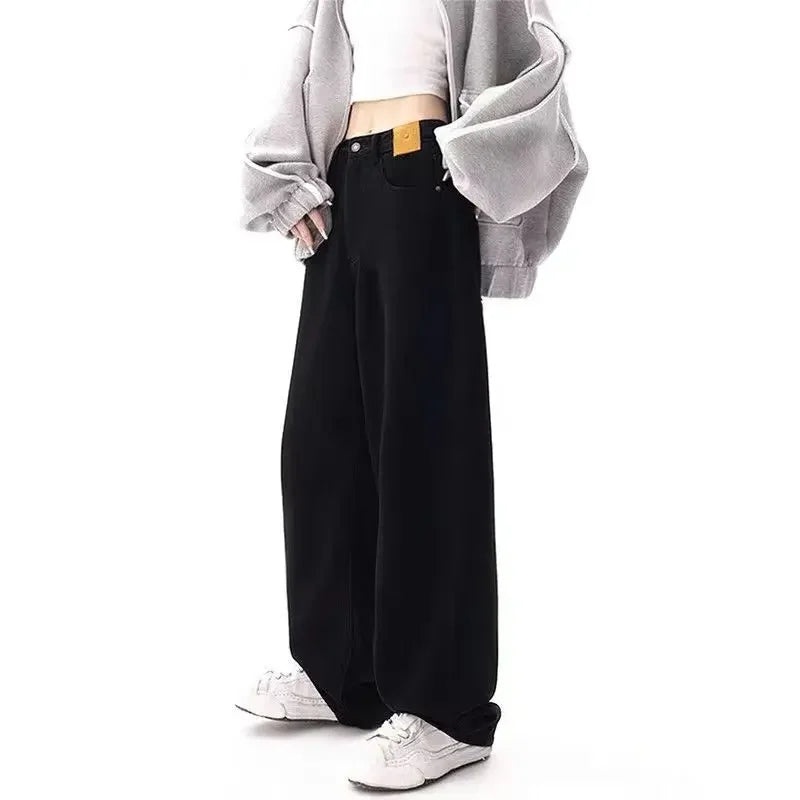 Vintage High-end Feel Black Straight-leg Jeans Women's Spring Autumn Hip Covering Wide-leg Dragging Trousers American Style