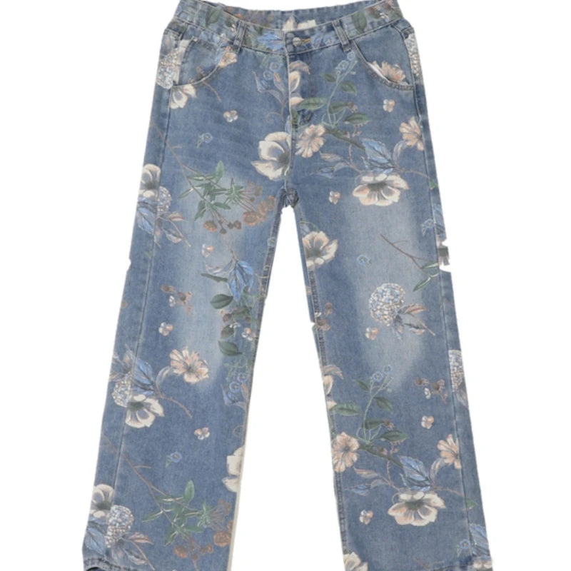 Prowow Mens Fashion Printed Jeans Spring Floral Denim Mopping Trousers Korean High Street Loose Hip Hop Wide-leg Jean Pants