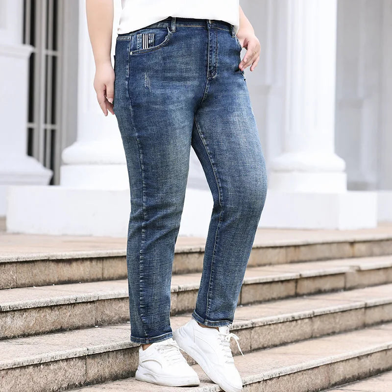 Plus Size Women Jeans 6XL 110KG Stretched Classic Denim Trousers 5XL 4XL Loose Big Female Retro Girl High Waist Pencil Pants