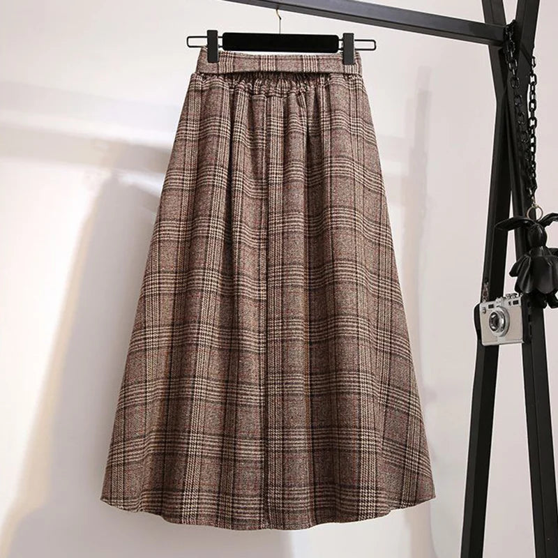 Woolen Plaid Skirt for Women Vintage High Waist