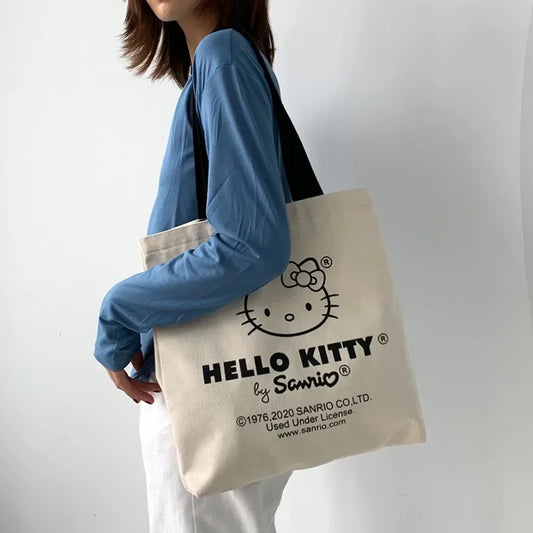 Women Cute Hello Kitty Canvas Tote Bag Femme Shopping Shoulder Bags Travel Tote Luxury Designer Handbags Bolsas Para Mujeres