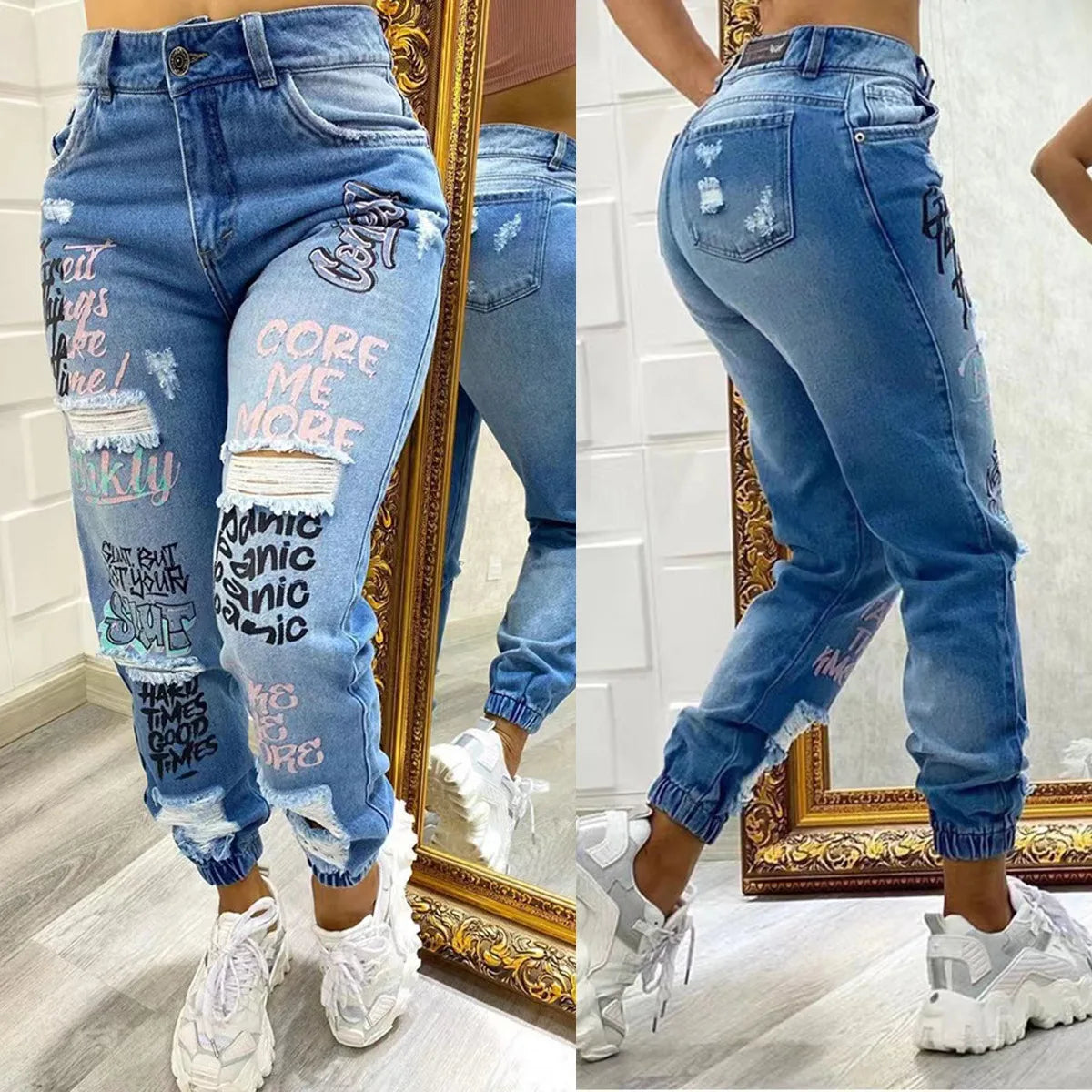 2024 New Letter Print Slant Pocket Ripped Jeans Casual Jeans Women