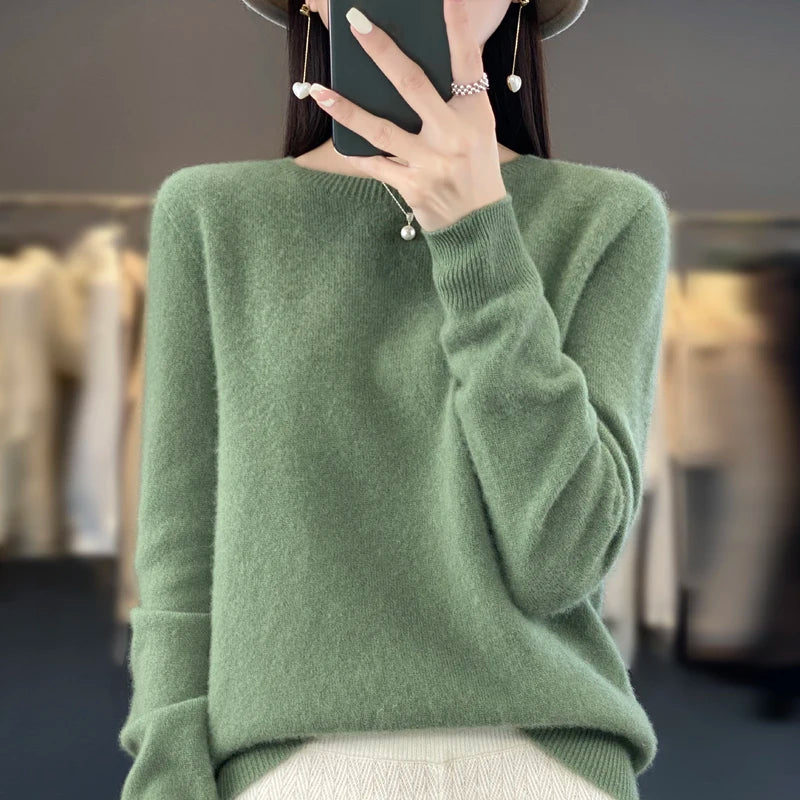 100% Merino Wool cashmere Sweater O-Neck Long Sleeve