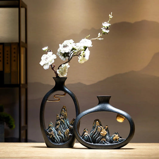 Creative Resin Vase Table Decoration & Accessories Home Decoration Luxury New Chinese Style Mountain Scenery Vase Decoration