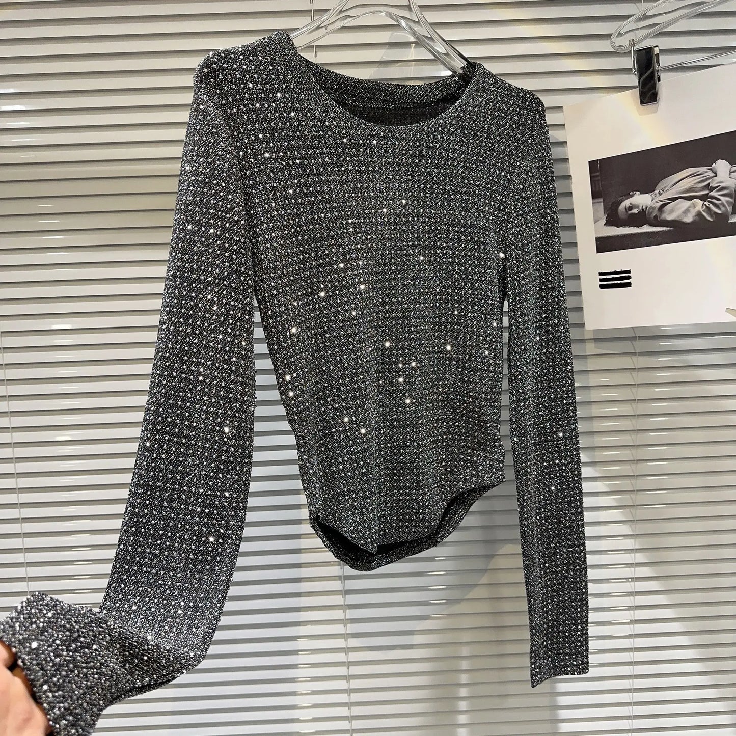 Rhinestone Women's T-shirt Long Sleeve