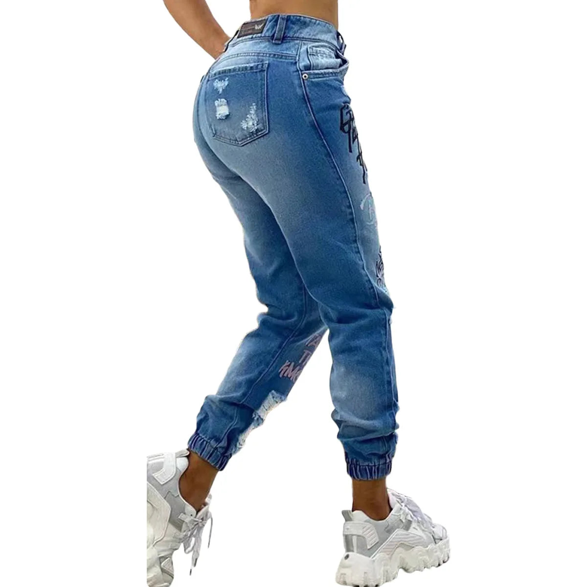 2024 New Letter Print Slant Pocket Ripped Jeans Casual Jeans Women