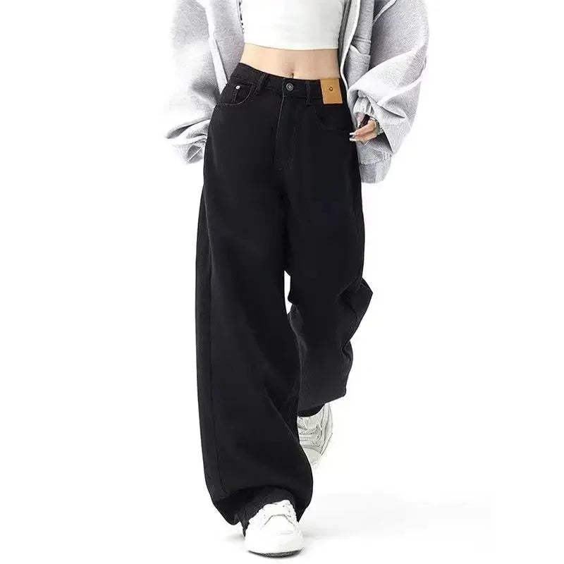 Vintage High-end Feel Black Straight-leg Jeans Women's Spring Autumn Hip Covering Wide-leg Dragging Trousers American Style