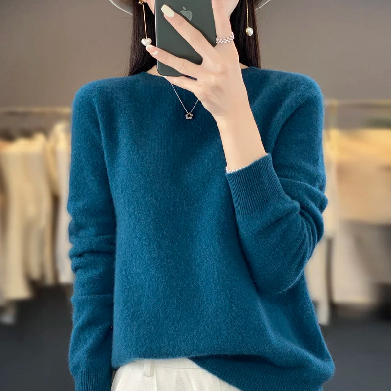 100% Merino Wool cashmere Sweater O-Neck Long Sleeve